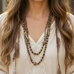 Vintage 1980s Wood Bead Necklace 48" Boho Retro Earth Tone Split-Strand Rustic